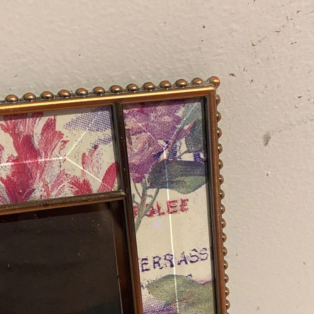 Pier 1 Floral Purple and Gold Picture Frame glass and copper. Gift 4x6